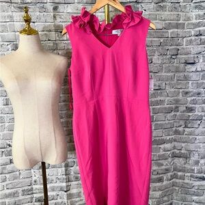 Kasper Fuchsia Ruffle Neck Midi Dress